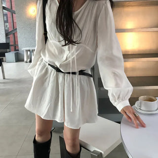 Dali Women's In-house Design Spring/Summer Maid Shirring String Delicate Fit Loose Fit Belted Set Dress