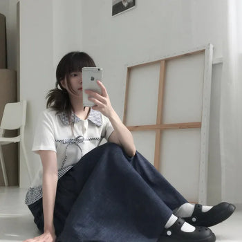 Niju checkered collar ribbon t-shirt