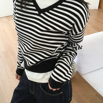 *High Quality/Domestic* Fine Striped V-neck Knit