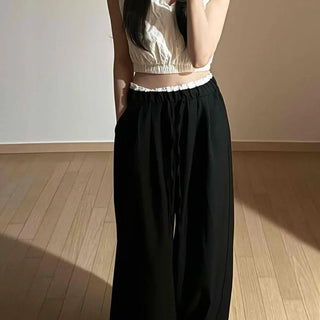 String Pintuck Wide Loose Fit Long Slacks