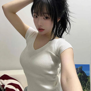 Ribbon Plain V-neck Short Sleeve T-shirt