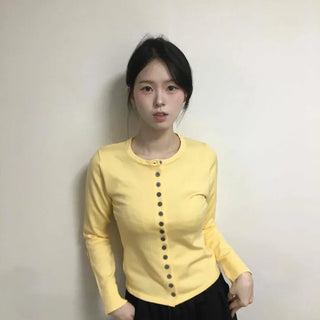 Plain Button-Down Round Neck Long Sleeve Cardigan