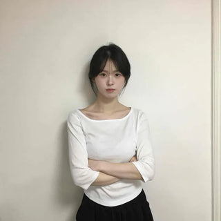 Plain Boat Neck Short Loose Fit Long Sleeve T-shirt