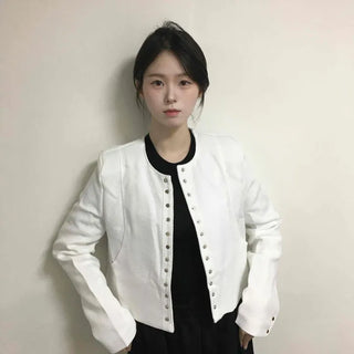 Contrast Button Button-Down Round Neck Fitted Jacket
