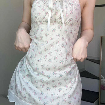 Frill Shirred Ribbon Flower Square Neck Sleeveless A-Line Mini Dress