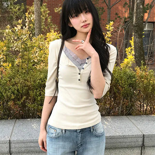 당일발송코코 헨리넥 앞단추 7부 티셔츠