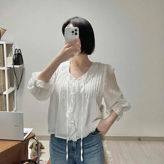 Pintuck Frill Button-Down V-Neck Long Sleeve Blouse