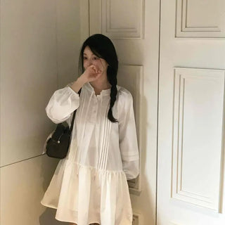 Loose Fit Plain Pintuck Shirred Ribbon Round Neck Long Sleeve Mini Dress