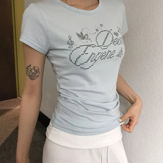 Lao Shirred Print Round Short Sleeve T-shirt