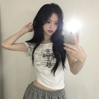 Slimming U-Neck Cross Lettering Slim Fit Short Sleeve T-shirt