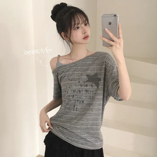Effortless Chic, One-Off Shoulder Stripe Lettering Print Delicate Loose Fit Layered Short Sleeve T-shirt
