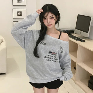 One-Off Shoulder Uniform Lettering Print Avant-garde Oversized Gray Sweatshirt
