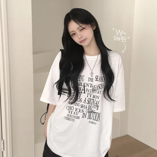 Hip Mood, Round Neck Lettering Boxy Oversized 30-Count Cotton Short Sleeve T-shirt