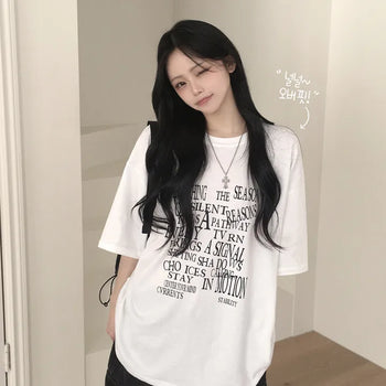Hip Mood, Round Neck Lettering Boxy Oversized 30-Count Cotton Short Sleeve T-shirt