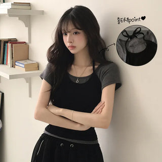 Arm-slimming fit, Halterneck strap ribbed crop tank top + U-neck slim delicate fit short-sleeve t-shirt layered set