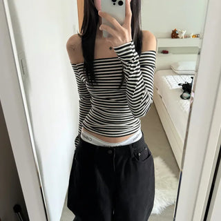 [Neujonyeo/Slim Fit ver] Ver Striped Off-Shoulder Long Sleeve Tee
