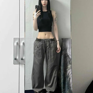 Loose-fit Cargo Flap Pocket Drawstring Wide Long Pants