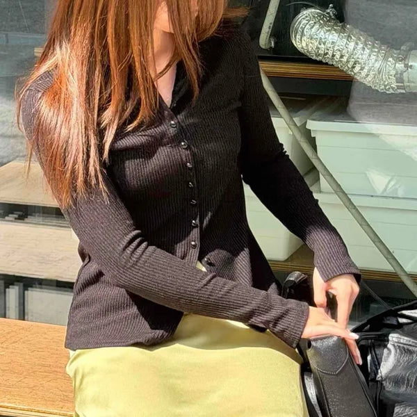 Button-down Round Neck Long Sleeve Slim Fit Short Cardigan