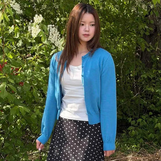 Button Plain Loose Fit Round Neck Short Length Long Sleeve Cardigan