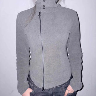 Plain Zipper Full-Zip High-Neck Long-Sleeve Zip-Up
