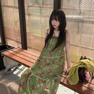 Shirred Frill Flower Tiered Sleeveless Long Dress