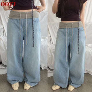 Semerding color-block folding denim wide pants