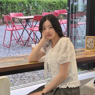 Regular Fit Ribbon Shirred See-through Round Neck Short Sleeve Blouse