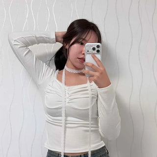 Shirred Button Strap Plain Long Sleeve Slim Fit Blouse