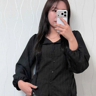 Ribbon Shirred Wrap Loose Fit Long Sleeve Blouse