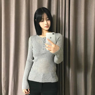 Slim Fit Plain Button Henley Neck Long Sleeve T-shirt