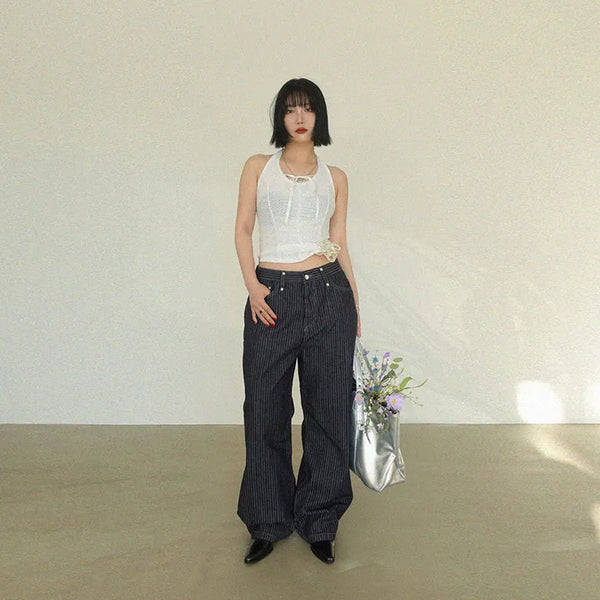 Pinstripe Snap Hem Wide Pants