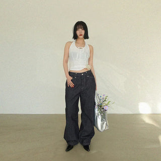 Pinstripe Snap Hem Wide Pants