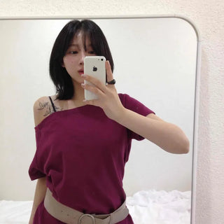 Plain One-Shoulder Loose Fit Short Sleeve Daily T-shirt