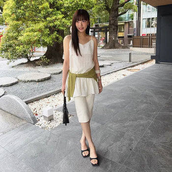 Vivi Shirred Lace Layered V-Neck Strappy Sleeveless Blouse Dress