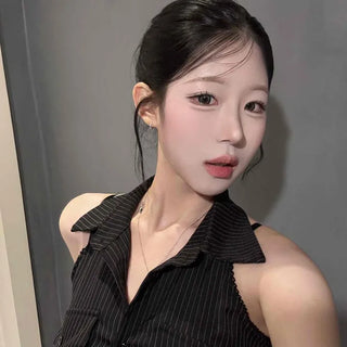 Button Flap Pocket Button-Down Striped Sleeveless Blouse