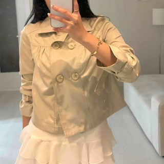 Button Buckle Shirred Boxy Fit Long Sleeve Jacket