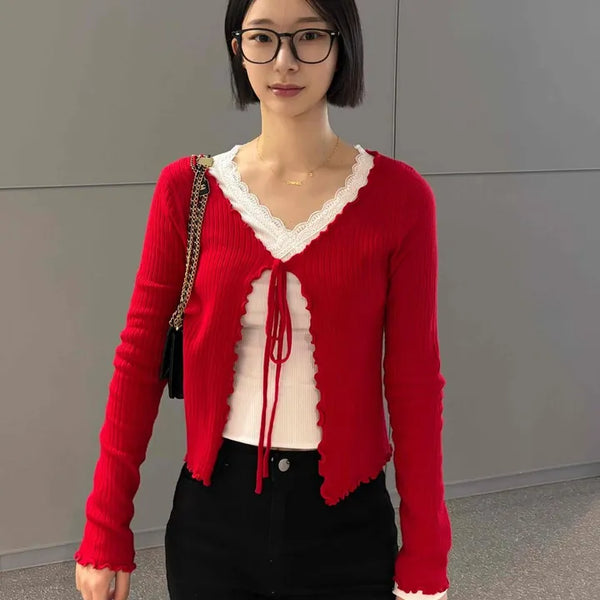 Plain Slim Fit Long Sleeve Cardigan with Frill Ribbon String