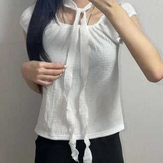 Ribbon Shirred Strap Loose Fit Plain Short Sleeve T-shirt