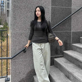 Button Wash Wide Loose Fit Daily Long Pants