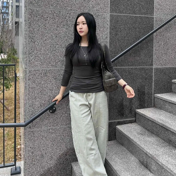 Button Wash Wide Loose Fit Daily Long Pants