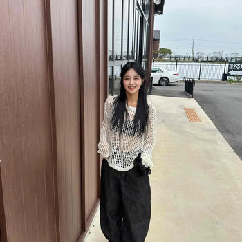Loose Fit Plain Perforated Long Sleeve Casual