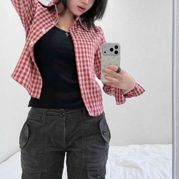Gingham Check Button-Down Loose Fit Long Sleeve Shirt