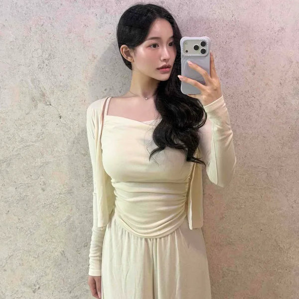 Shirred Strap Plain Wide Loose Fit Long Sleeve Training Set