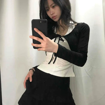 Fitted Plain Ribbon Frill Shirred Long Sleeve Two-Piece Set