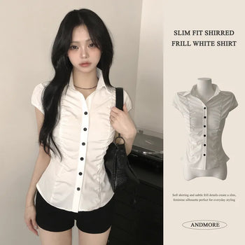 Cinched Waist Slim Fit Frill Shirred Blouse White Short Sleeve Shirt
