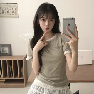 Full of delicate charm,, Daily U-neck Ribbed Delicate Fit Short Sleeve T-shirt Double Layered Set
