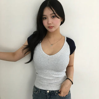 Contrast Raglan V-neck Ribbed Short Sleeve T-shirt