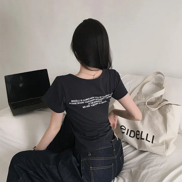 Only Lettering U-Neck Long Sleeve T-Shirt