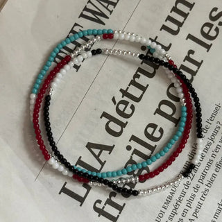 Silver Ball Bead Layered Banding Bracelet Black Red Blue Urethane Cord