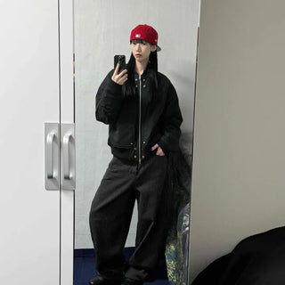Loose-fit Striped Button Wide Barrel Daily Long Pants